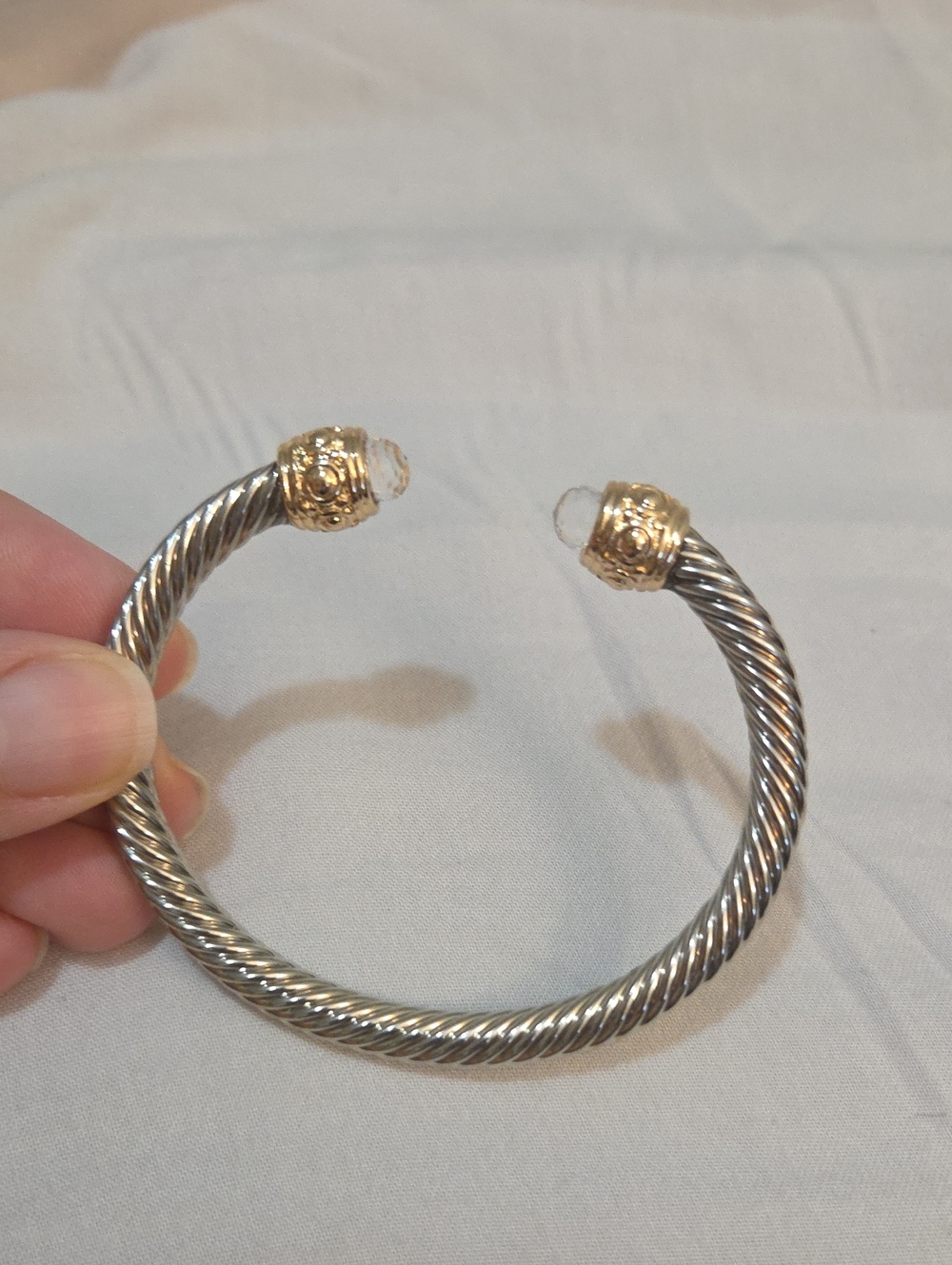 Gold Tone and Silver Tone Cable Cuff Bangle Rope Bracelet With Crystal Accents - Picture 4 of 8